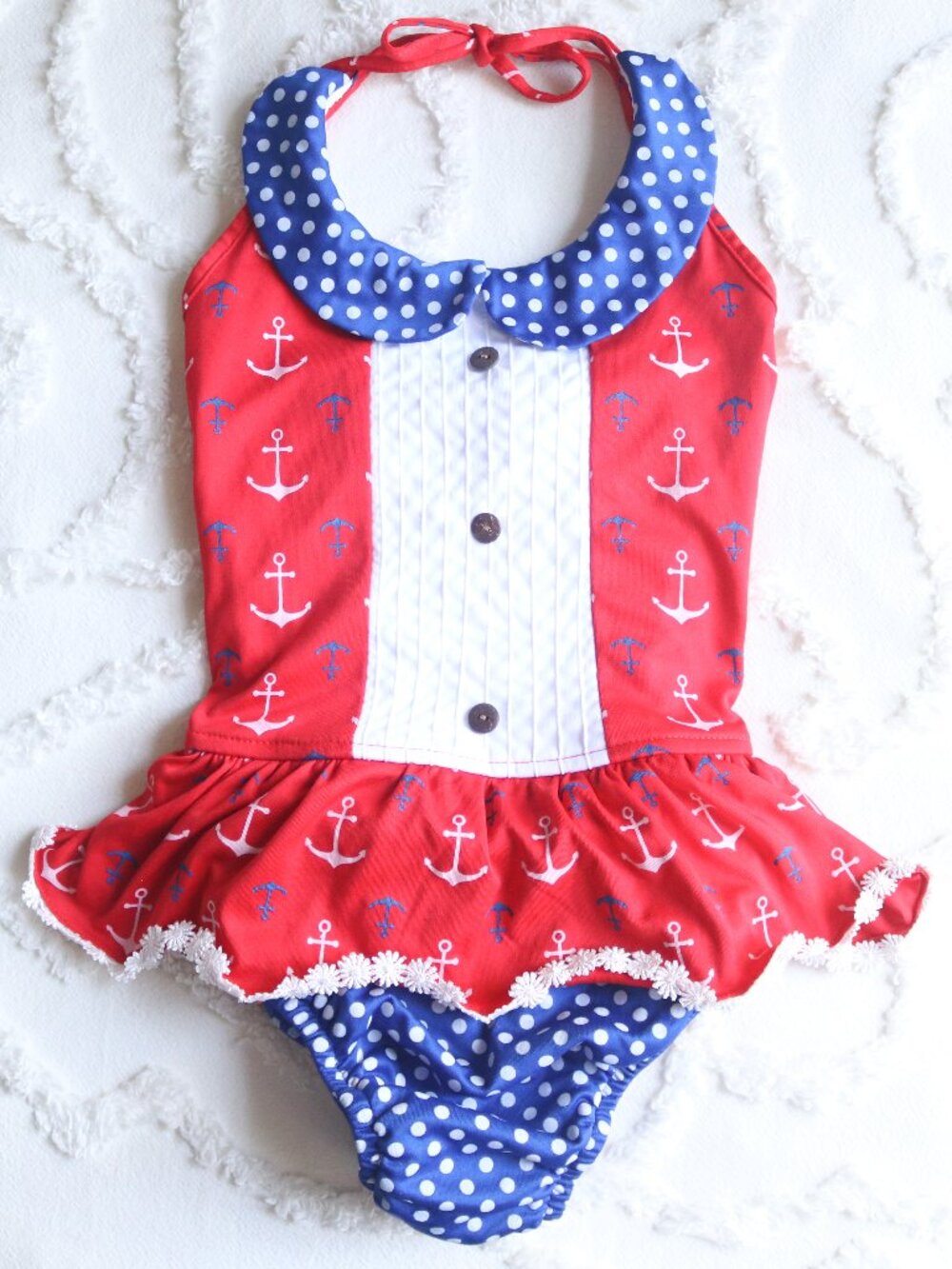 Be Girl | Patriotic Sailor Red White & Blue Polka Dot Ruffle One Piece NWOT M 7T